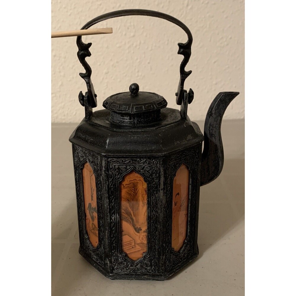 Antique Chinese Pewter 7 Panel Reverse Painted Glass Tea Pot Signed